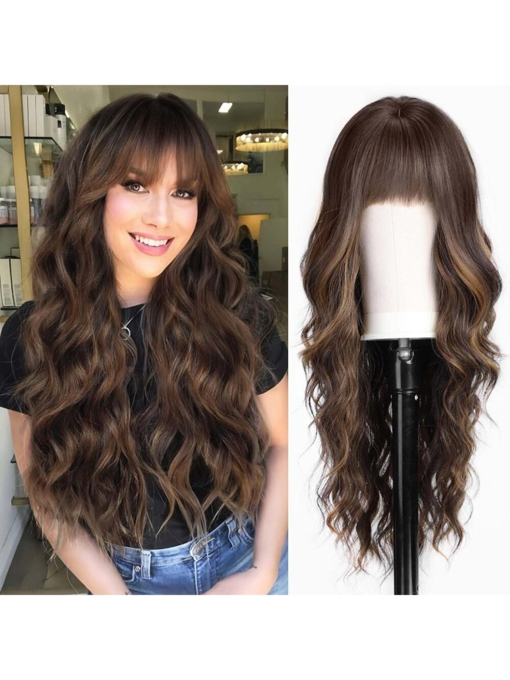 Women's Brown Heat Resistant Long Curly Wavy Synthetic Wig with Bangs Size 26In